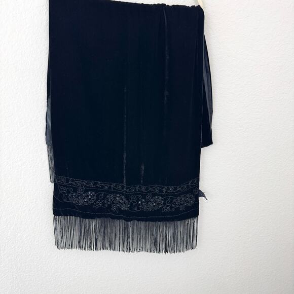 Ann Taylor Women Rayon Silk Velvet Fringe Scarf Beaded Embellished Winter Black - Picture 2 of 7